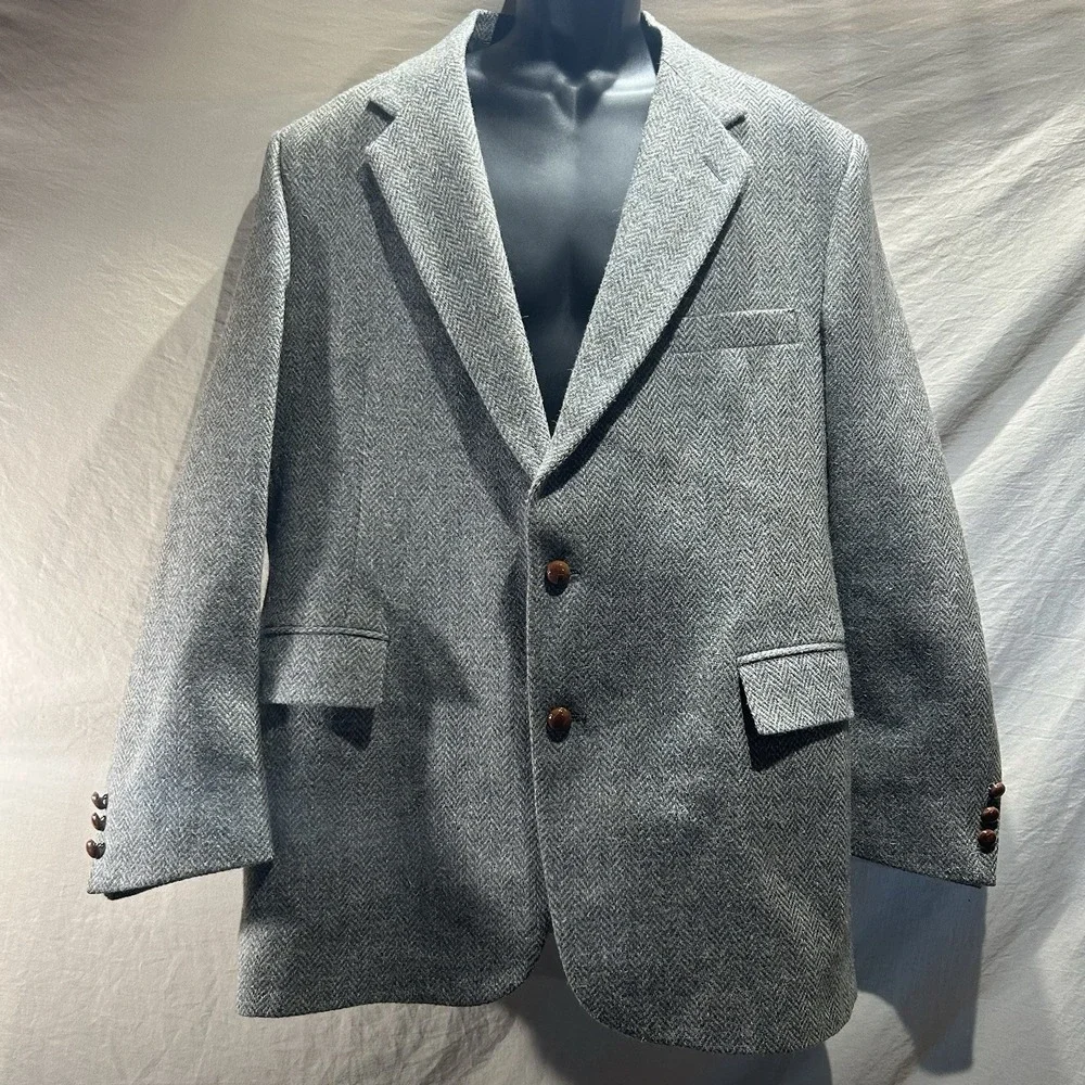 Vintage Lacrosse Mens 46L Grey Herringbone Pure Wool Blazer Sport Coat